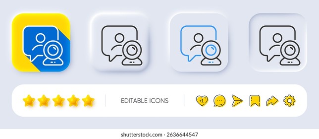 Video conference line icon. Neumorphic, Flat shadow, 3d buttons. Online training sign. Web presentation symbol. Line video conference icon. Social media icons. Vector