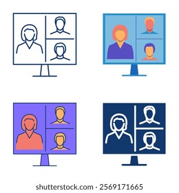 Video conference line icon set. Remote communication, people on computer screen. Vector illustration