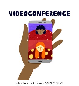 Video conference live stream. Phone video chat app. Two women talk online. Isolated on white. Distance communication. Quarantine mode. Self isolation. Stylish vector illustration.