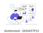 Video conference. Man doing work task distantly and making data analysis, sharing link to report with colleagues online for teamwork. Flat Cartoon Vector Illustration, icon. Stylish abstract design 