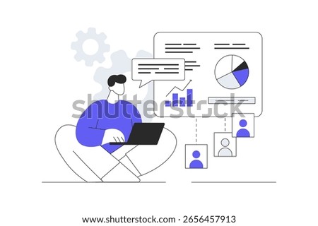 Video conference. Man doing work task distantly and making data analysis, sharing link to report with colleagues online for teamwork. Flat Cartoon Vector Illustration, icon. Stylish abstract design 