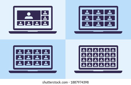 Video Conference with Massive Audience Online Meetings Teleconference on Laptop Icon Virtual Chat Symbol Sign. Suitable for Online School Class, Work from Home, Web Seminar or Webinars Student Group