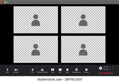 Video conference media player interface. 4 Windows display template. Mock up for video play screen. video calling for meeting. Digital business technology concept. Online education, learning, training