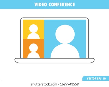 Video conference meeting in computer screen. Remote work. Group video call vector illustration icon.