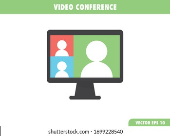 Video Conference Meeting In Computer Screen. Remote Work. Group Video Call Vector Illustration Icon.