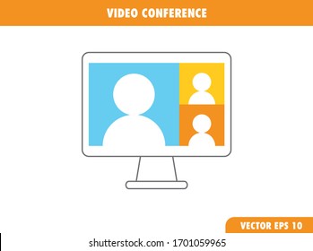 Video Conference Meeting In Computer Screen. Remote Work. Group Video Call Vector Illustration Icon.