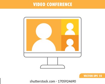 Video Conference Meeting In Computer Screen. Remote Work. Group Video Call Vector Illustration Icon.