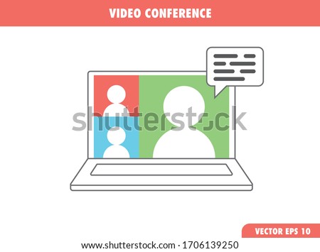 Video conference meeting in computer screen. Remote work. Group video call vector illustration icon.