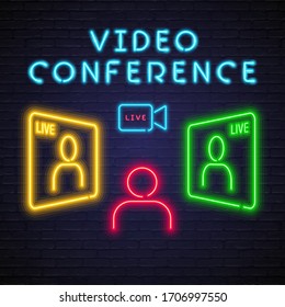 Video Conference Meeting Live Neon Light Glowing Vector Illustration. Join Us Button. Online Training, Online Meeting Neon Sign