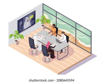 Video conference, meeting, negotiations, discussion with arabian business people in office, flat vector isometric illustration. Teamwork, partnership.