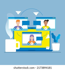 Video Conference Meeting on Laptop with Cup of Coffee Flat Illustration 