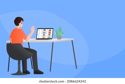 Video conference meeting online illustration flat design concept. People group on computer screen taking with worker. Leader work form home meeting online with employees on laptop screen.