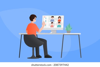 Video conference meeting online illustration flat design concept. People group on computer screen taking with worker. Leader work from home meeting online with employees on a personal computer.