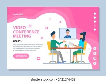 Video conference meeting online, modern communication with person, discussion reports, wireless device and workteam, face in screen, chat vector. Website or webpage template, landing page flat style