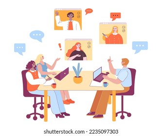 Video conference meeting. People sitting at office and having online call with team. Remote workers talking to colleagues. Employees having discussion with coworkers on distant work vector