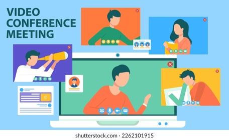 Video conference meeting, remote communication. Distance chatting, video call. Program for virtual intercommunication, teamwork. People talking during collective discussion, business conference