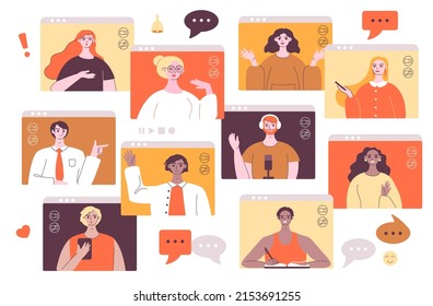 Video conference meeting. Remote team virtual discussion via video chat, smiling man and women work remotely from home. Web communication vector illustration. Online conversation, internet education