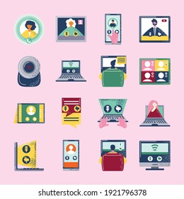 video conference meeting, seminar digital technology work icons vector illustration