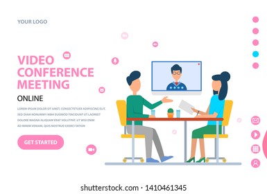 Video conference meeting vector, man and woman workers of office talking on webcam with boss discussing problems of projects and development. Website or webpage template, landing page flat style