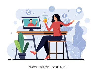 Video conference minimalistic concept with people scene in the flat cartoon style. Business woman communicates with her colleague via video conference. Vector illustration.