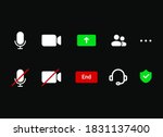 Video conference mobile-app icon set incuding sound-on and mute, microphone, camera on and camera off . Virtual meeting mobile-app icon set.