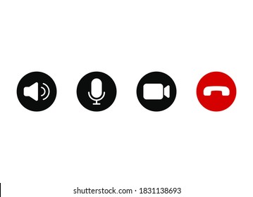 Video conference mobile-app icon set including sound-on, microphone, webcam & end button. Virtual-app icon set.