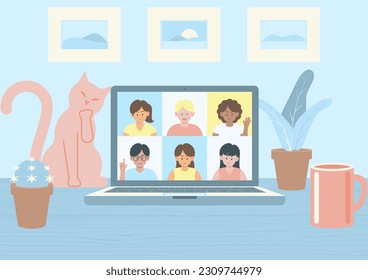 Video conference with multiracial young colleagues on laptop computer screen with cat on wooden table in cozy room interior, in perspective view flat design