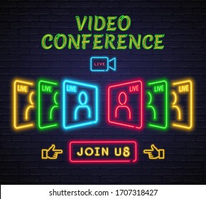 Video Conference Neon Light Glowing Vector Illustration. Online Meeting, Live Streaming, Video Conference, Join Us Neon Light Bright