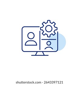 Videokonferenz über Computer und Zahnrad. Besprechungseinstellungen, Videoanrufkonfiguration, Tools für die virtuelle Zusammenarbeit, Steuerung des Kommunikationssystems, Online-Konferenzmanagement. Pixel perfekt, bearbeitbar 