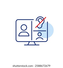 Video conference on computer monitor and user with ear crossed out with red line. Audio playback off, silent meeting mode. Hearing impaired or deaf members. Pixel perfect, editable stroke vector icon