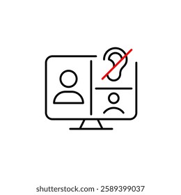 Video conference on computer monitor and user with ear crossed out with red line. Audio playback off, silent meeting mode. Hearing impaired or deaf members. Pixel perfect, editable stroke vector icon