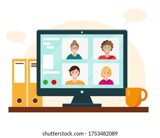 Video conference on the computer screen. People talk to each other online from home. Working or education online concept. Vector illustation.