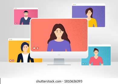 Video conference on computer screen. People working from home. Online business office. Web video conference call. Remote working during quarantine. Group of people online. Remote learning. Vector