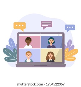 Video conference on the laptop computer screen. Online meeting work form home. Flat vector illustration.