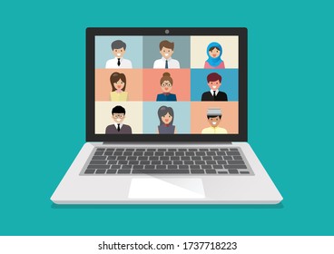 Video conference on laptop. Coronavirus, quarantine isolation. Vector illustration