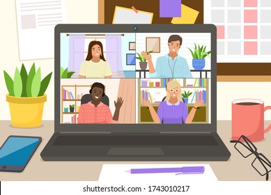 Video Conference On Laptop For Home Office. Online Friends Conference. Online Webinar. People Listen To The Lecturer. Internet Group Conference, Training Test, Work From Home, Easy Communication