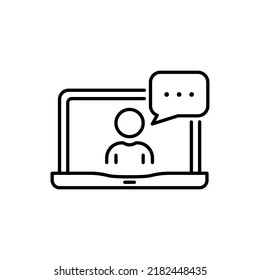 Video Conference on Laptop Line Icon. Online Web Business Chat on Computer Linear Pictogram. Virtual Communication Meeting Work from Home Outline Icon. Editable Stroke. Isolated Vector Illustration.