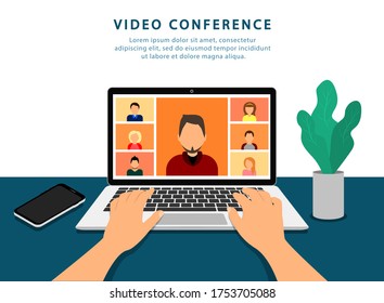 Video conference on laptop. Online meeting. Quarantine. Mockup video calls.