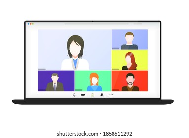 Video conference on the laptop screen. Beautiful avatars for profiles. Illustrations flat design concept video conference. online meeting work form home. Home education, distance learning. Vector