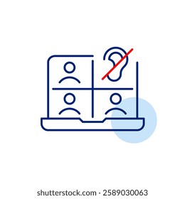 Video conference on laptop and user with ear crossed out with red line. Audio playback off, silent meeting mode. Hearing impaired or deaf members. Pixel perfect, editable stroke vector icon