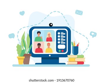 Video conference on a screen of computer. Online meeting via group call. Vector illustration in flat style