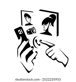 Video conference on a smartphone. A man holding the phone in hand is talking via video with friends or colleagues. Online chat. Vector illustration flat design. People communicate through video calls.