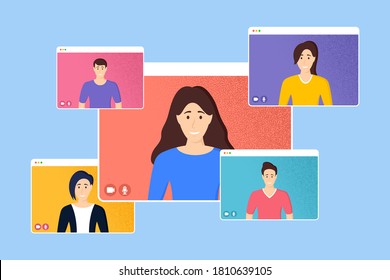 Videoconferencia en pantalla web. Gente trabajando desde casa. Oficina de negocios en línea. Llamada a videoconferencia web. Trabajo remoto durante la cuarentena. Grupo de personas en línea. Aprendizaje remoto. Vector