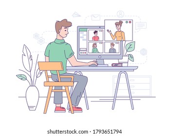 Video Conference, Online Business Call And Office Communication, Vector Flat Illustration. Video Conference Or Group Chat, Home Office, Webinar Internet Meeting, Teamwork Conversation, Work And Study