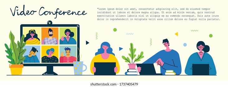 Video conference online business meetup. People use video chat on desktop and laptop to make conference. Flat modern vector illustration. 