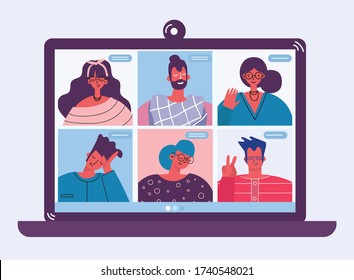 Video conference online business meetup. People use video chat on  laptop to make conference. Flat modern vector illustration. 