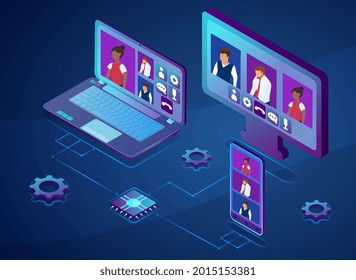 Video conference online call. Colleagues business people team using conferencing tools, smart gadgets, webinar communication, learning or chatting, Isometric cartoon 3d vector web banner illustration