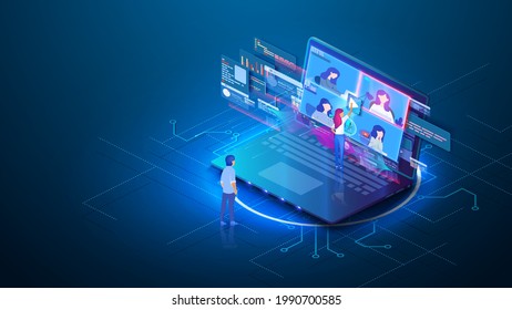 Video conference online call isometric landing page, colleagues business people team.Isometric illustration of the browser window or online meeting work from home. Online meeting work form hom. Vector