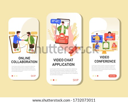 Video conference, online collaboration, video chat apllication mobile set. Vector flat illustration