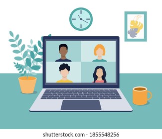 Video conference, online video communication with colleagues, friends, and students in a home or office environment. Remote work, training. Laptop screen with four people. Vector illustration in flat 